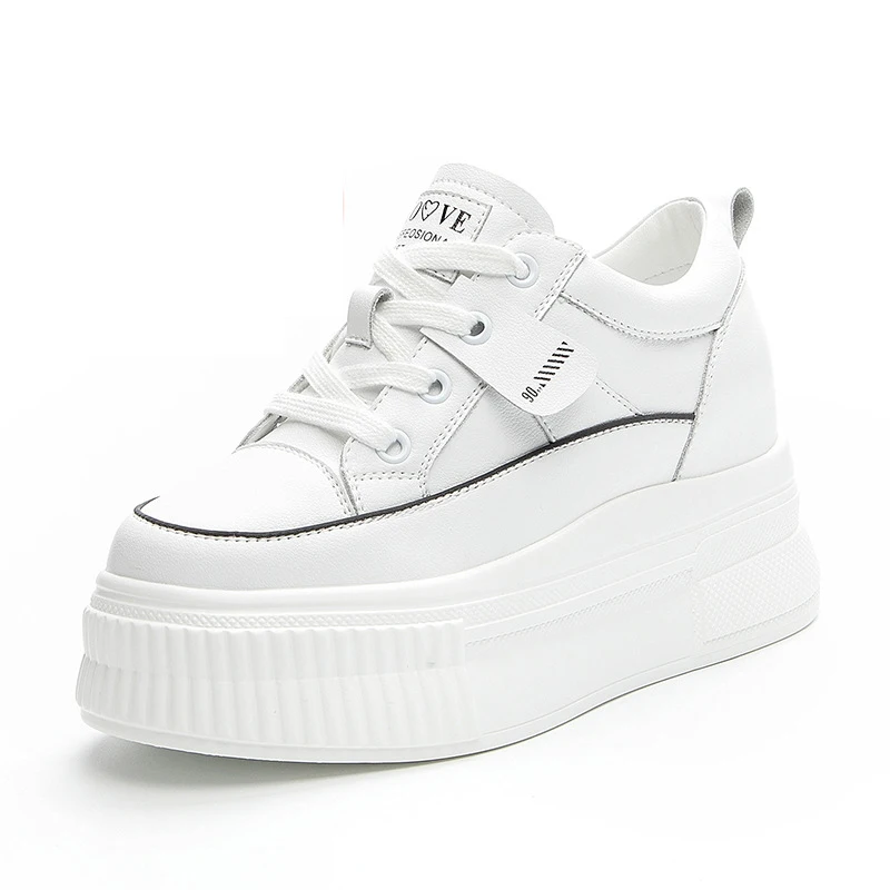 7cm Elevator Shoes Genuine Leather Hidden Heel Platform Wedge Chunky Sneakers Summer Autumn Women Lace Up Mixed Color  Shoes