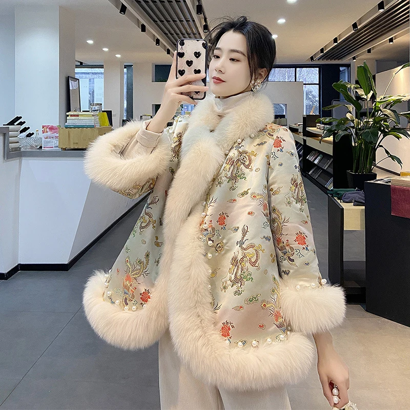 Embroidery Female Coat Winter Faux Fur Japanese Style Harajuku Mid-Length Beading Tang Suit Cloak Women Elegant Jacket