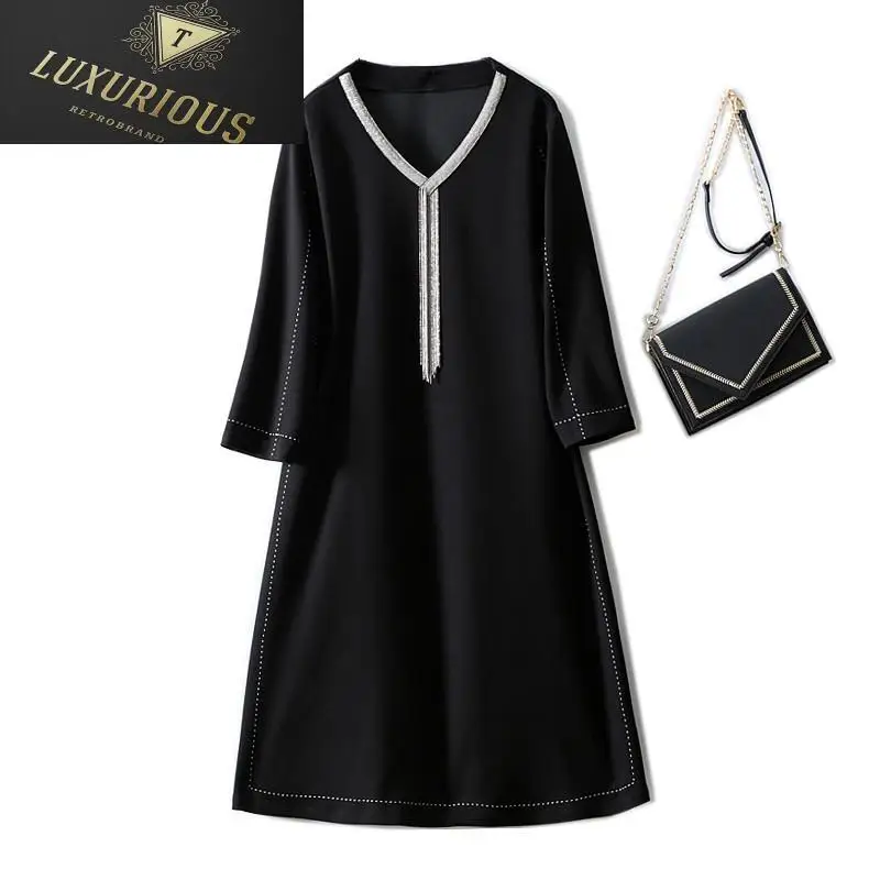 

European Autumn And Winter Women Dress Fringed Metal Decoration Exquisite Top Line Design Stretch Black Dresses 4XL