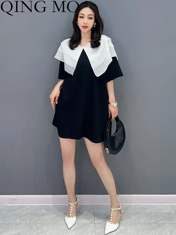 

QING MO 2023 Summer New Korean Style Charm Doll Neck Top Female Single Piece Mid Length T-shirt Women ZXF2659