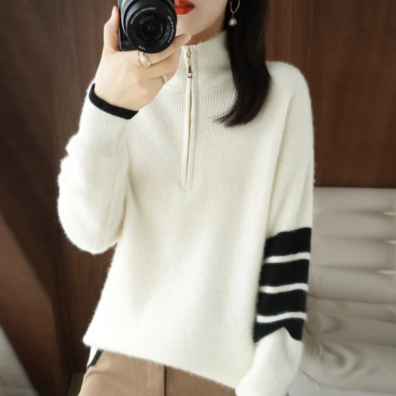 Cashmere Pullover Autumn/Winter 100% Wool Sweater Casual Thickened Knitwear Stand Collar Zipper Women's Top Pull Blouse