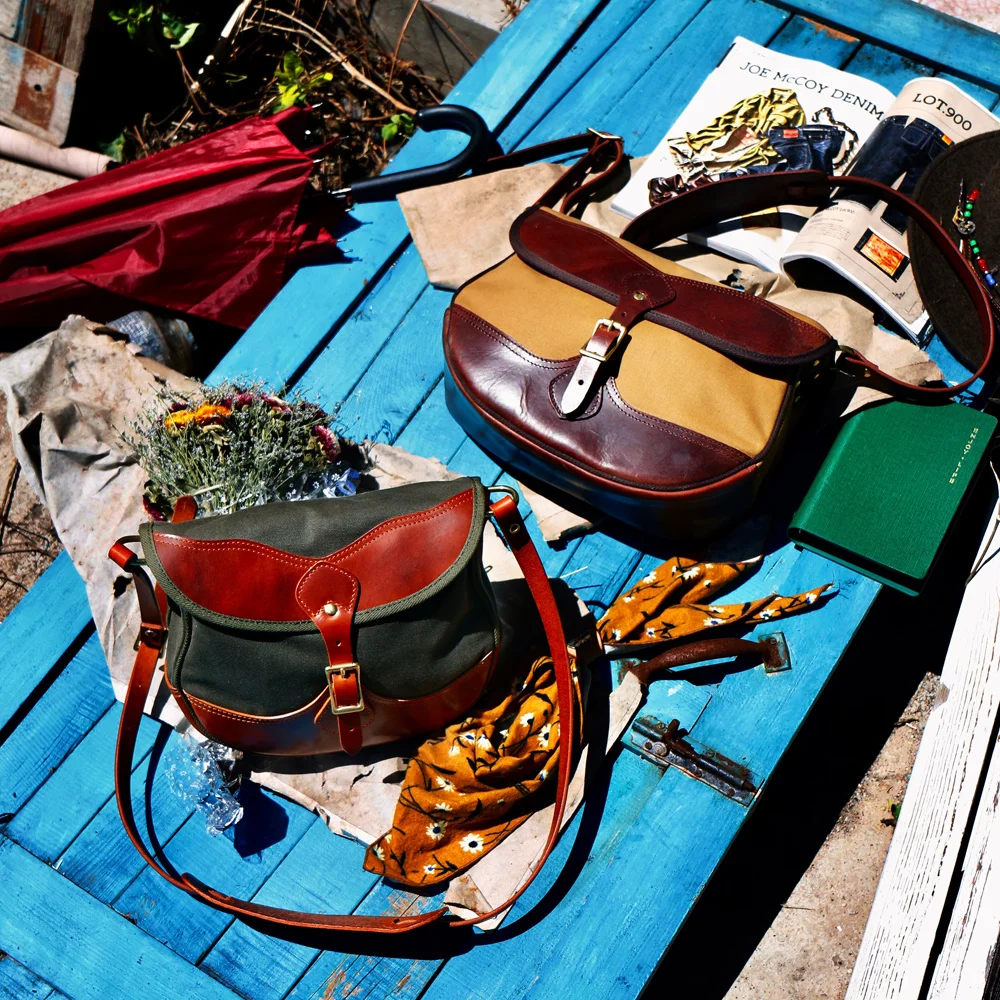 American Tailor Brando Retro FR566 Super Top Italian Leather & Oil Wax Canvas Size 34*24*9cm Casual Shell Bag