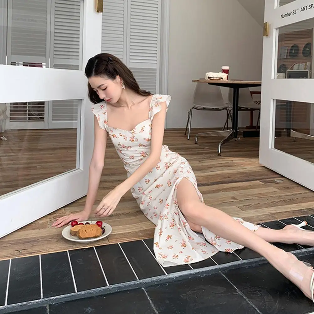 

Женское Шифоновое Платье макси с разрезом свидания, элегантное милое платье без рукавов с цветочным принтом и оборками, женская одежда на лето
