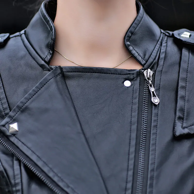 women 2022spring autumn denim rivet punk Short Slim fit jacket motorcycle Windbreaker zipper outerwear