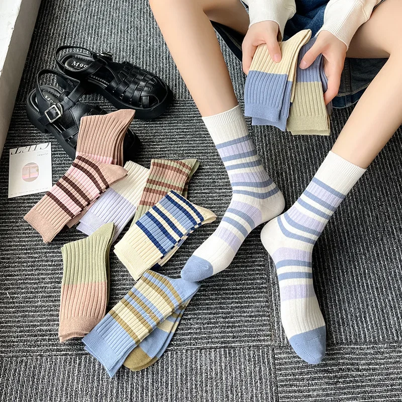 Женские носки разноцветные полосатые вязаные хлопковые средней длины женские