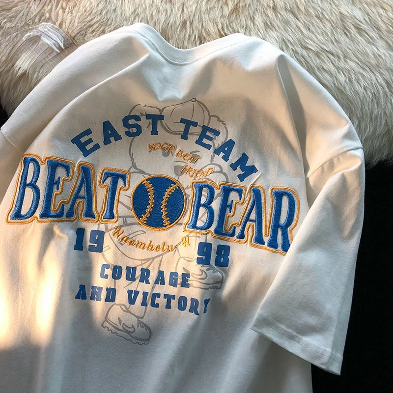 

American retro bear short sleeved T-shirt women tide brand loose couple oversize half sleeve top clothes graphic tee t shirt