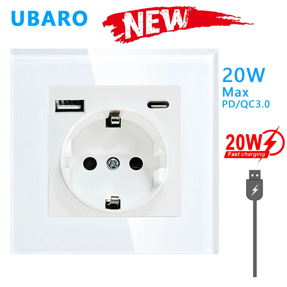 Фото UBARO EU 82 Тип Tempe Настенная розетка со стеклянной панелью 5 В 3 А USB Тип C Электрические розетки Pop Встроенные розетки Вилка питания 250 В 16 А №1