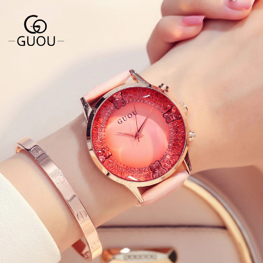 

Fashion Guou Hk Top Brand Womens Watches Luxury Big Dial Quartz Genuine Leather Strap Waterproof Casual Gift Clock Reloj Hombr