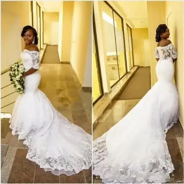 

Country Arabic Wedding Dresses Half Sleeves Off The Shoulder Bateau Neck Court Long Train Cheap African Lace Bridal Gowns 2024