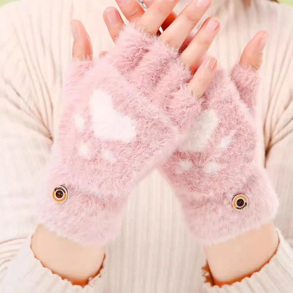 

Women Girls Lovely Winter Warm Fingerless Gloves Girls Fluffy Bear Cat Plush Paw Claw Half Finger Gloves Soft Plush Mittens 2023