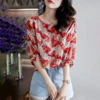 casual fashion o neck chiffon printing shirt summer womens clothing 2022 new korean female loose pullovers 34 sleeve blouses