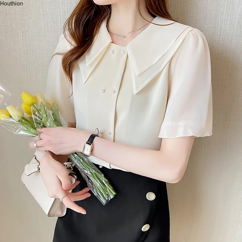 

Chiffon Women's Blouses Casual Fashion Polo Shirt Korean Short Sleeve Clothing Summer Loose Buttons Top