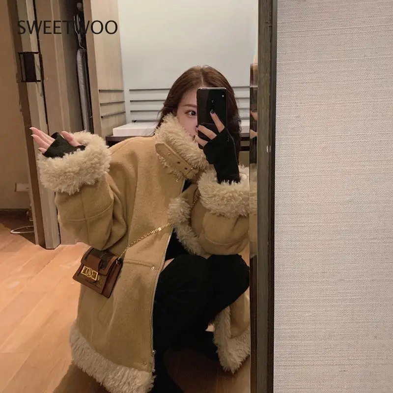 Elegant Faux Fur Coat Women Winter Thick Warm Soft Fleece Jacket Pocket Zipper Outerwear Overcoat Bear Teddy Coat Slim Tide 2022