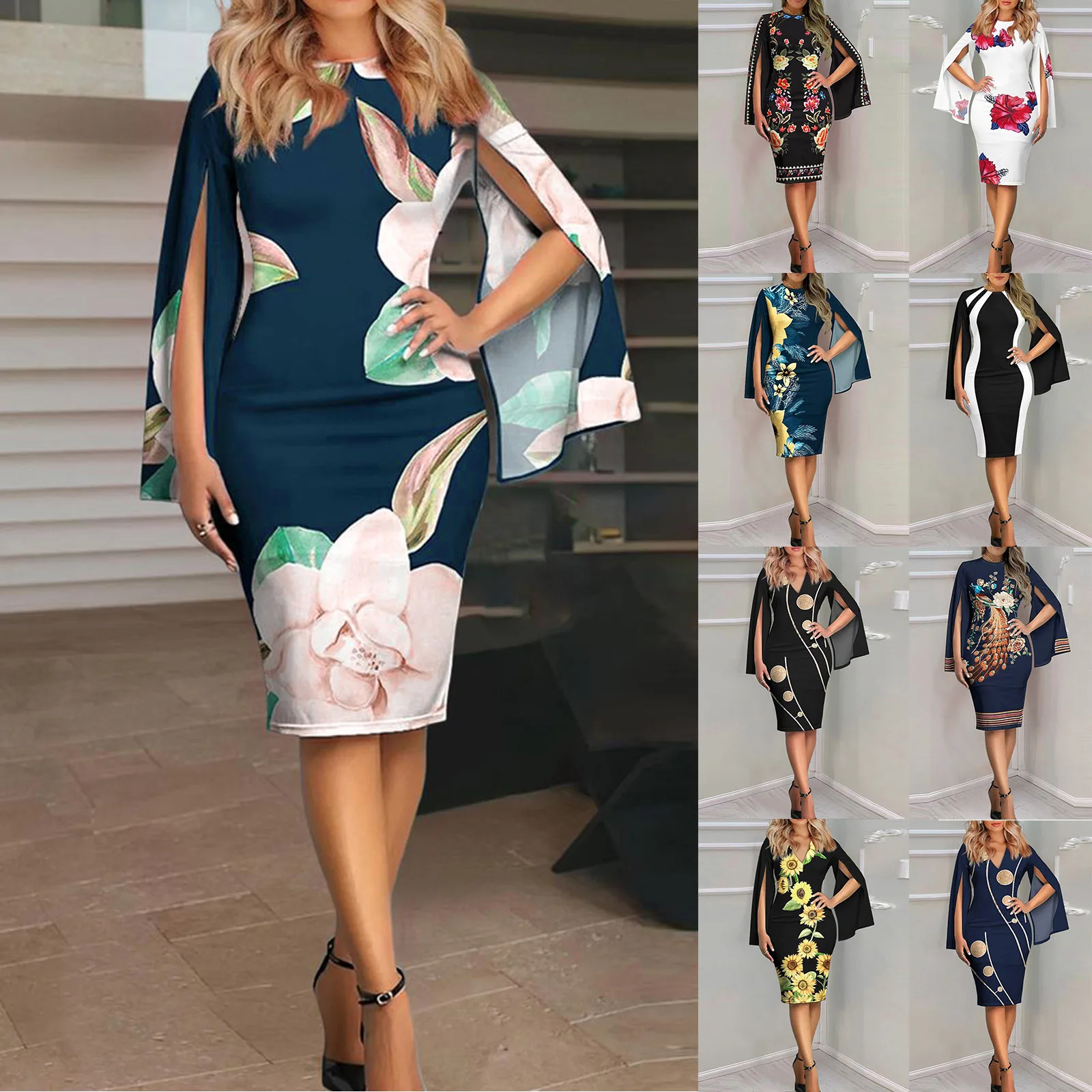 

2023 элегантное женское платье с винтажным принтом, с круглым вырезом и рукавами-накидками, облегающее платье до колен, Летние Повседневные платья в уличном стиле