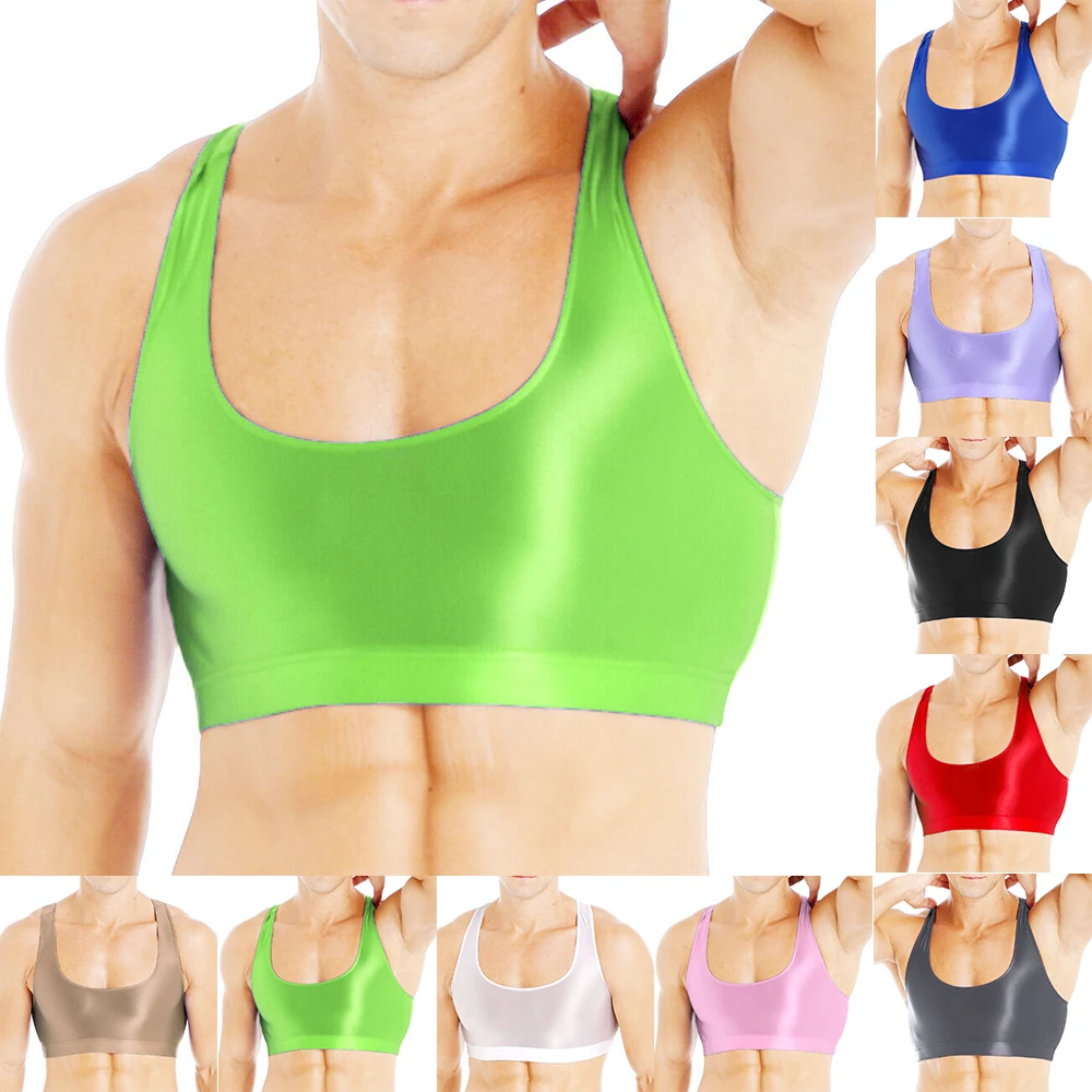 

Mens Sexy Oily Glossy Vest Half Cropped Tank Top Male Shiny Sports Smooth Tights Workout Tops Underwear Slim Fit Temptation Vest