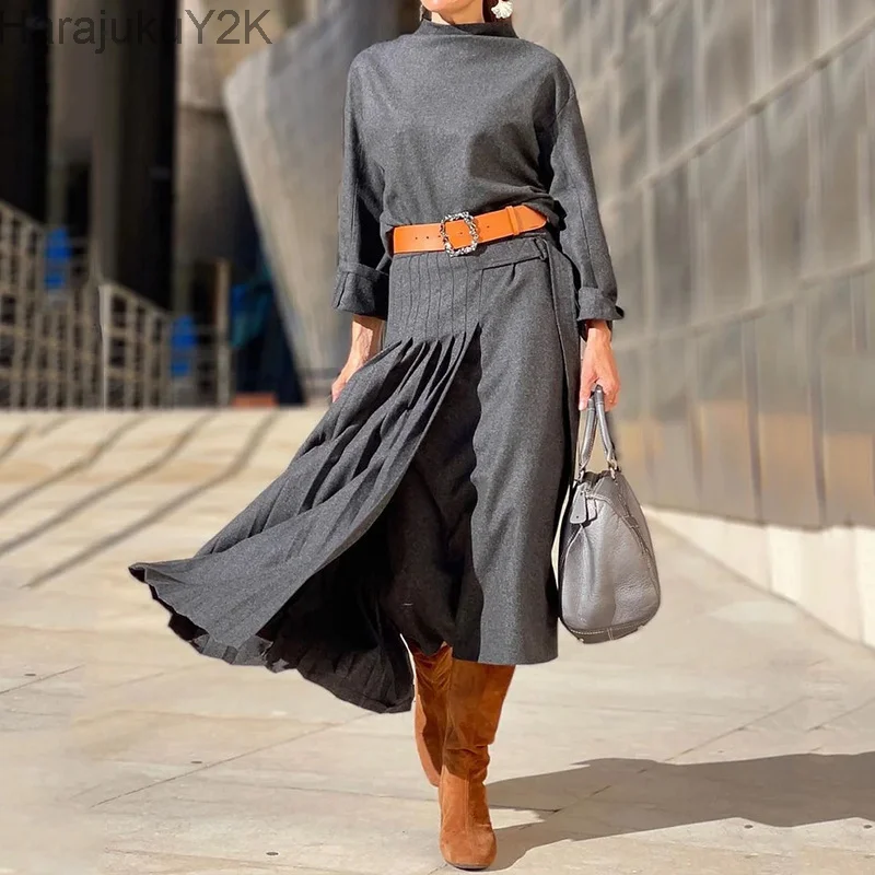 

New 2023 Spring Summer Women's Long Skirt Fashion Long Sleeve Lapel Pleated Dress Office Lady Solid Color Dress for Women Robe