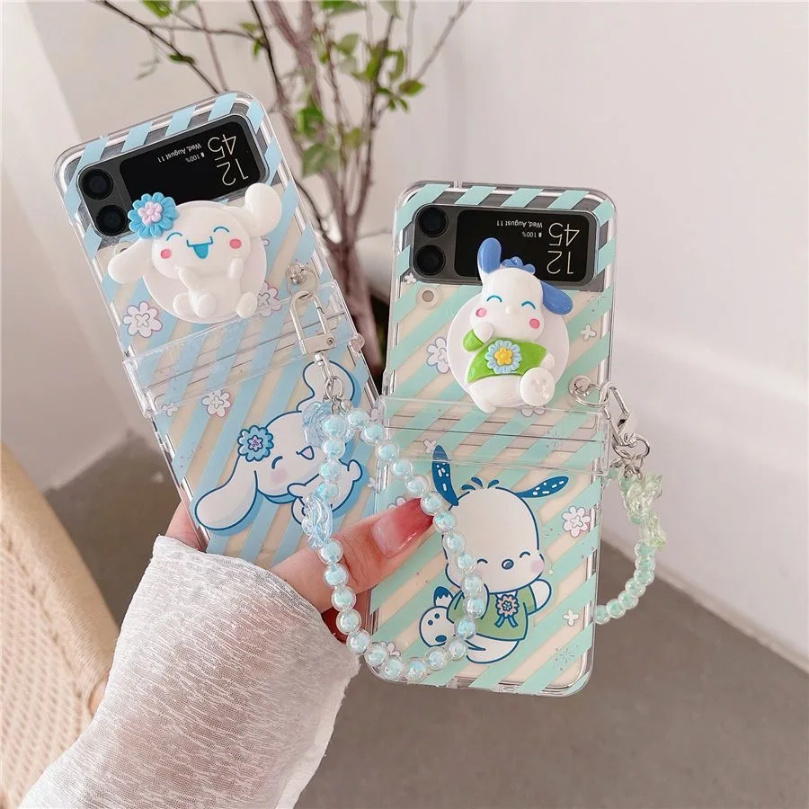 

Kawaii Sanrio Cinnamoroll Pochacco With Bracelet 3D Doll Phone Case For Samsung Galaxy Cover ZFlip3 ZFlip4 5G Back Cover Girl