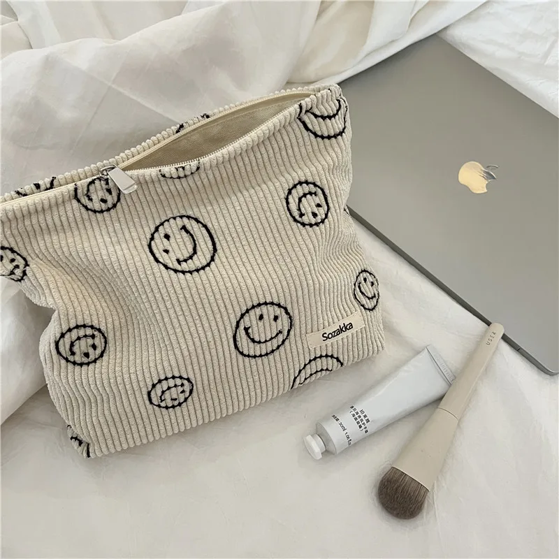 

Women Corduroy Cosmetic Bag Women Handbags Smiley Polka Dot Handbags Organizer Storage Makeup Bag Girls Pencil Case Bags