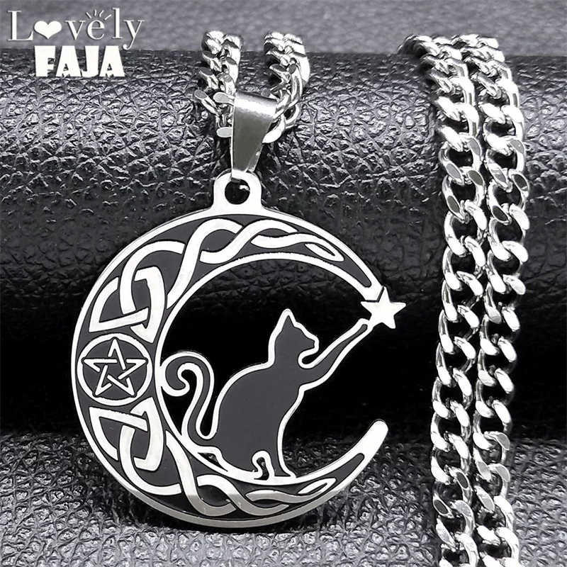 

Goth Cat Pentagram Celtic Knot Crescent Necklace Women Stainless Steel Moon Shape Pendant Witch Knots Necklaces Jewelry N7964S03