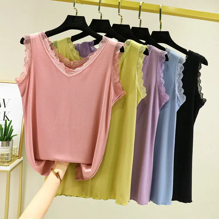 

Lace Edge Splicing V-neck Camisole Tops for Women Homewear Clothes for Spring and Summer Sleeveless Bottoming Tshirt for Women