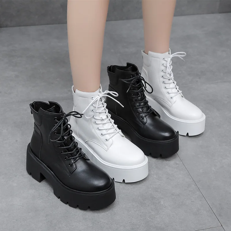 White Black PU Leather Ankle Boots Women New Autumn Winter Round Toe Lace Up Shoes Woman 2022 New Motorcycle Platform Boots