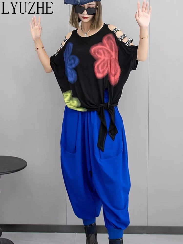 

LYUZHE Trendy Cool Personalized Color Contrast Graffiti Short Sleeve T-shirt + Harem Pants Women Two Piece Set ZXF315A