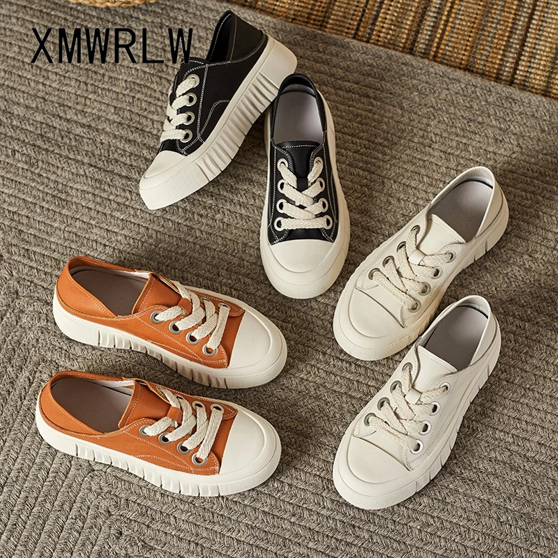 

XMWRLW Women's Genuine Leather Sneakers 2022 Spring Autumn Fashion Half Shoes For Women Black White Sneakers Thick Sole Shoes