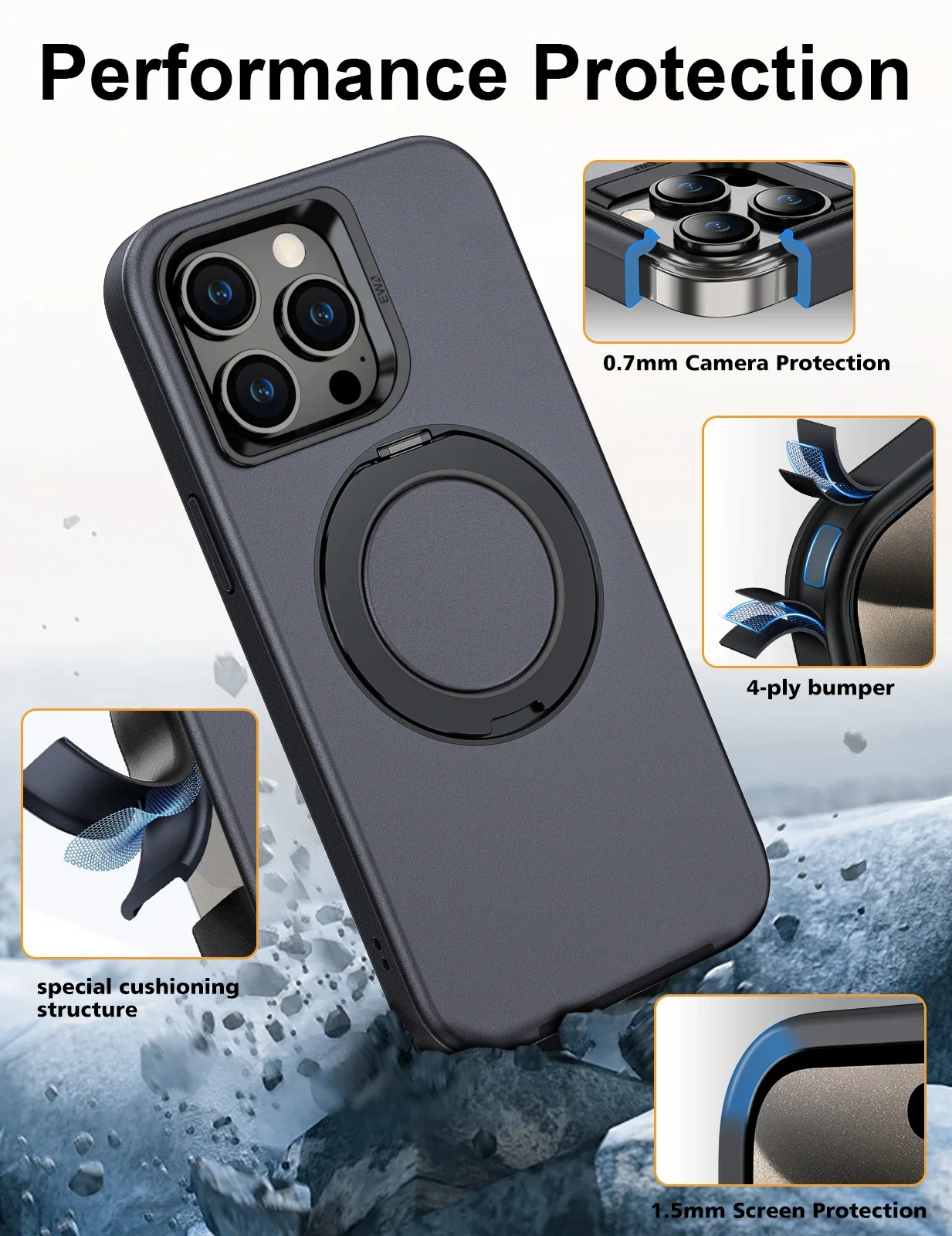 Фото Магнитная опора EWA для чехла iPhone 15 Pro [совместима с Magsafe] с 360° ° Регулируемая подставка, совместимая с беспроводной зарядкой №4
