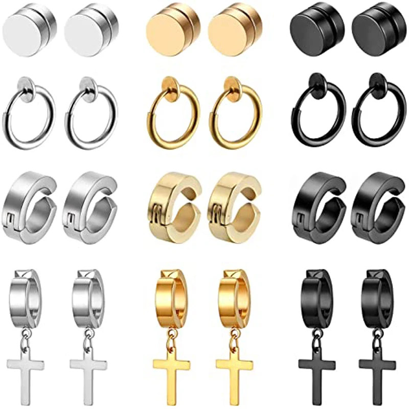 

12 пар серег, подвеска, петля, кольцо, циркониевые серьги, набор унисекс, серьги из нержавеющей стали, черные, стальные, золотые
