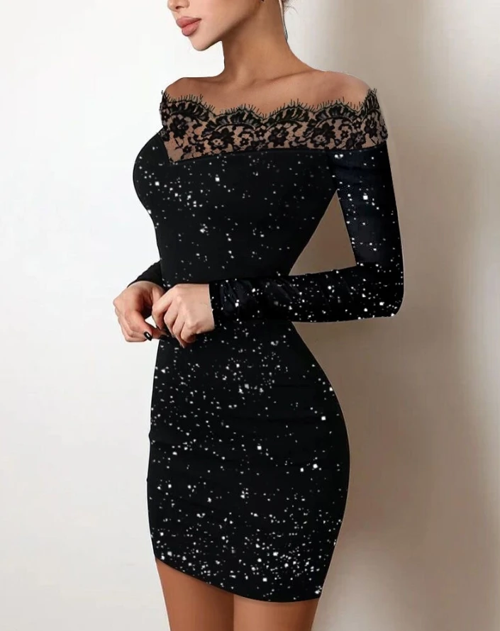 

2023 Spring New Black Off Shoulder Long Sleeve Contrast Lace Shining Tight Sexy Women Party Evening Dress
