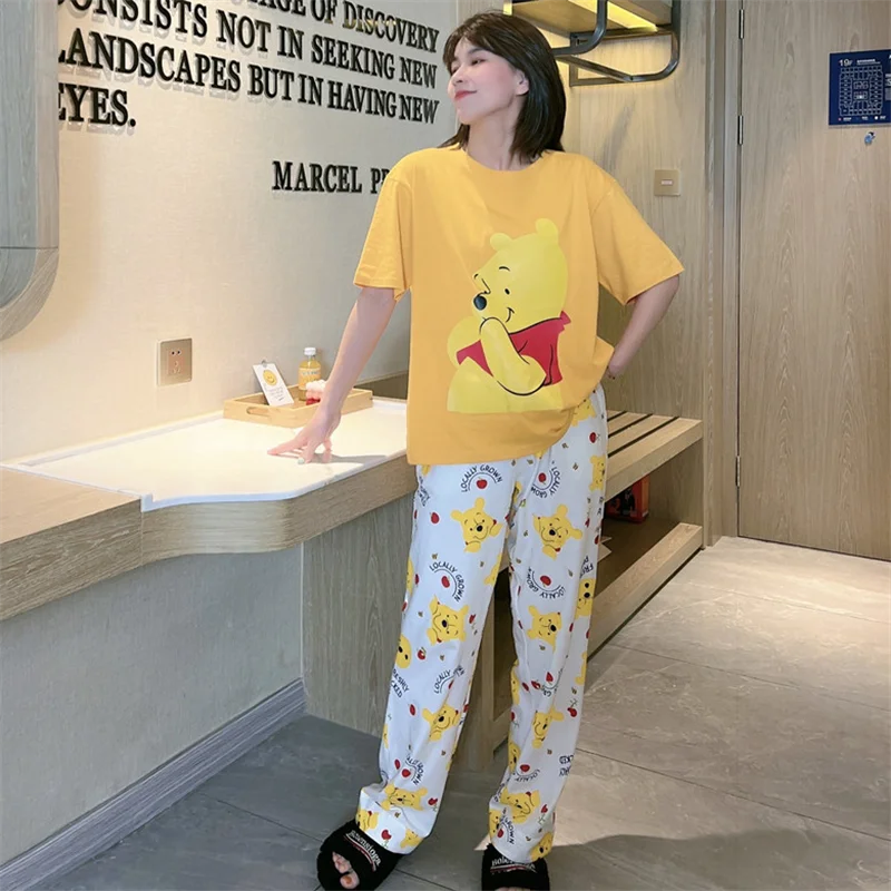 Disney Cartoon Winnie the Pooh Women Pajams Set Cute Kawaii Short Sleeve Top and Pants for Ladies 2 Pieces Pajamas Woman Summer