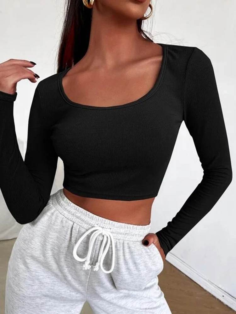 

SALSPOR Knitted Rib Top Square Neck Solid Women T-shirts Long Sleeve Bottoming Tee Slim Korean Style Female Casual Top