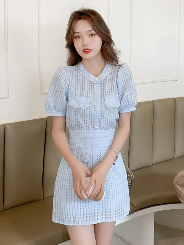 

Fashion Sweet Pearl Beading Two Piece Set Women Short Sleeve Button Shirt Blouse Mini Skirts Sets Ladies Crop Top Skirt Suits
