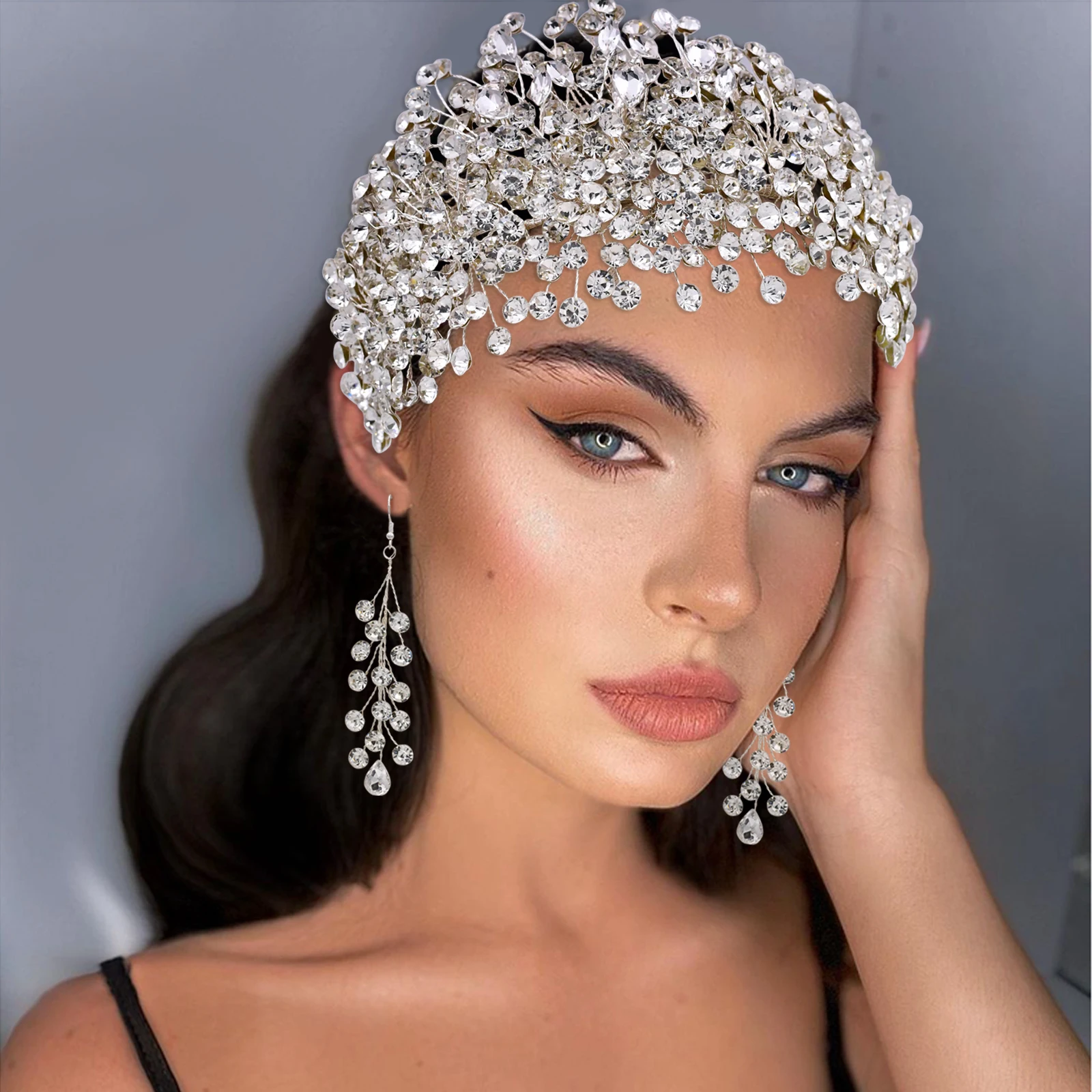 

Silver Bridal rhinestone Jewelry Set Earrings & Headpiece Luxurious Wedding Hair Accessories Wedding Hair Headdress Woman Jewel