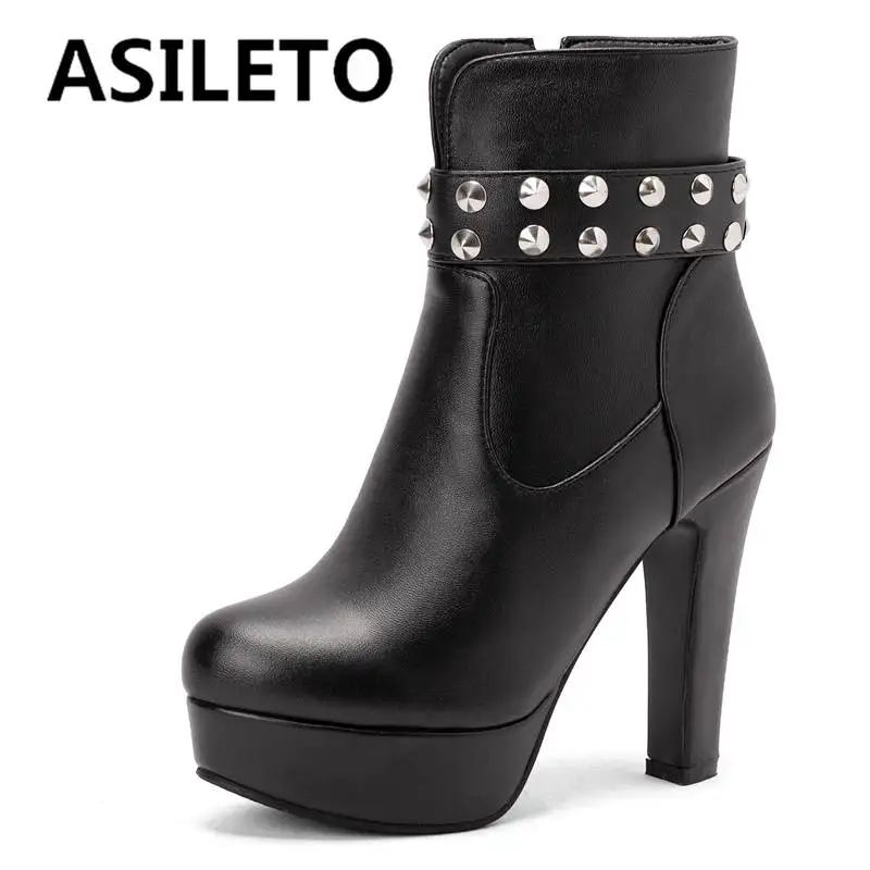 

ASILETO New Womens Boots Shaft 13.5cm Round Toe Platform 2.5cm High Heel 12cm Zipper Rivets Plus Size 34-50 Solid Mature S4223