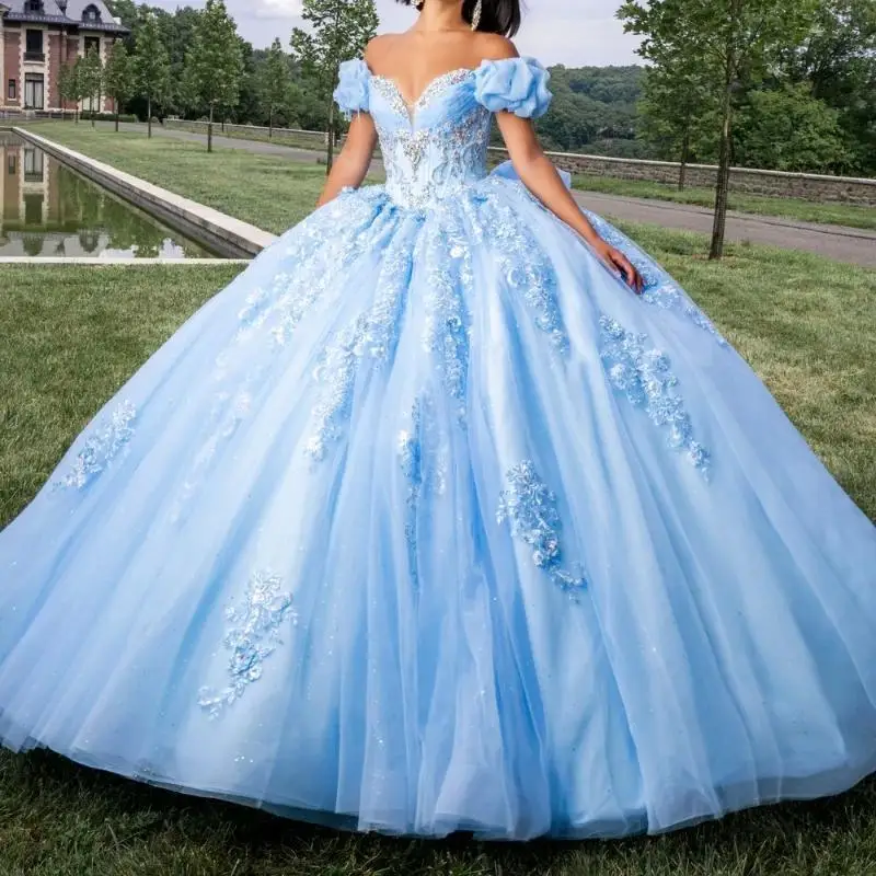 Небесно-голубое блестящее бальное платье Quinceanera Платья с открытыми плечами