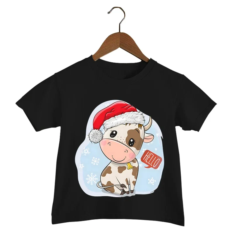 Детская рождественская футболка с принтом коровы и шляпы Санта-Клауса осенняя