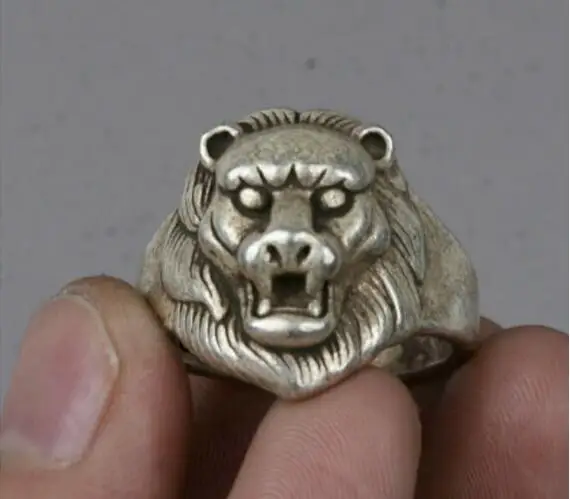 

2.5cm Old Chinese Miao Silver Foo Fu Dog Lion Head finger ring