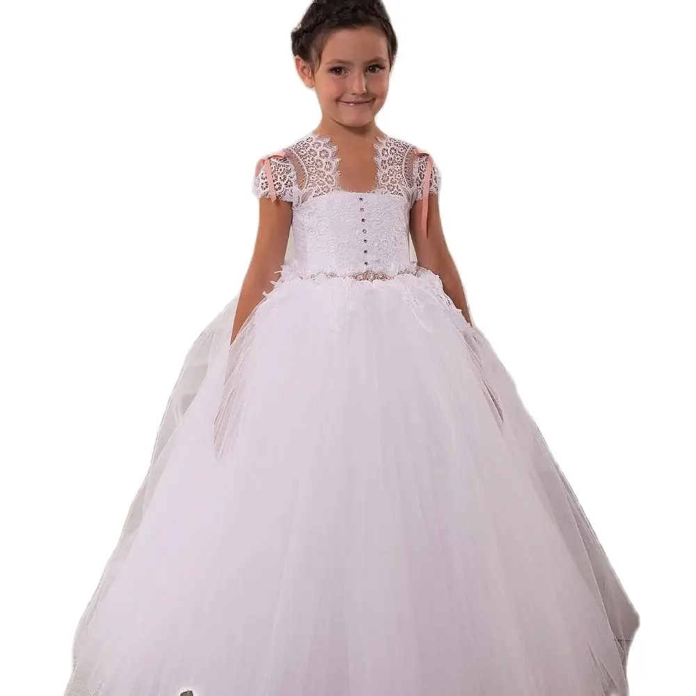 

2021 In Stock Cheap Flower Girls Dresses under 50 with Cap Sleeves and Crystals Sash Lace & Tulle Little Ball Gown First Communi