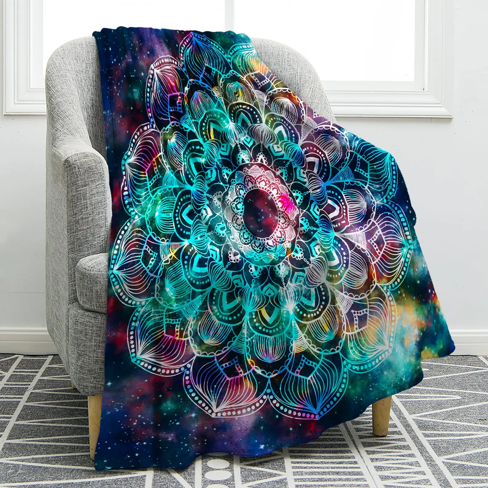 

Soft Warm Flannel Throw Blanket Bohemian Mandala Flower Galaxy Print Blanket Fluffy Plush Bedding Sheet Shawl for Couch Sofa Bed