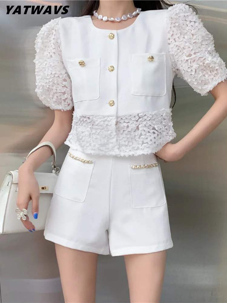 

Summer Sweet 2 Two Piece Set Women Fashion Lace Splicing Short Coat Top+High Waist Pocket Wide Leg Shorts Suits Chic Pants Sets