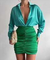 sexy party mini dress women low cut v neck long sleeve two tone patchwork bodycon dress ruched dress for summer 2022