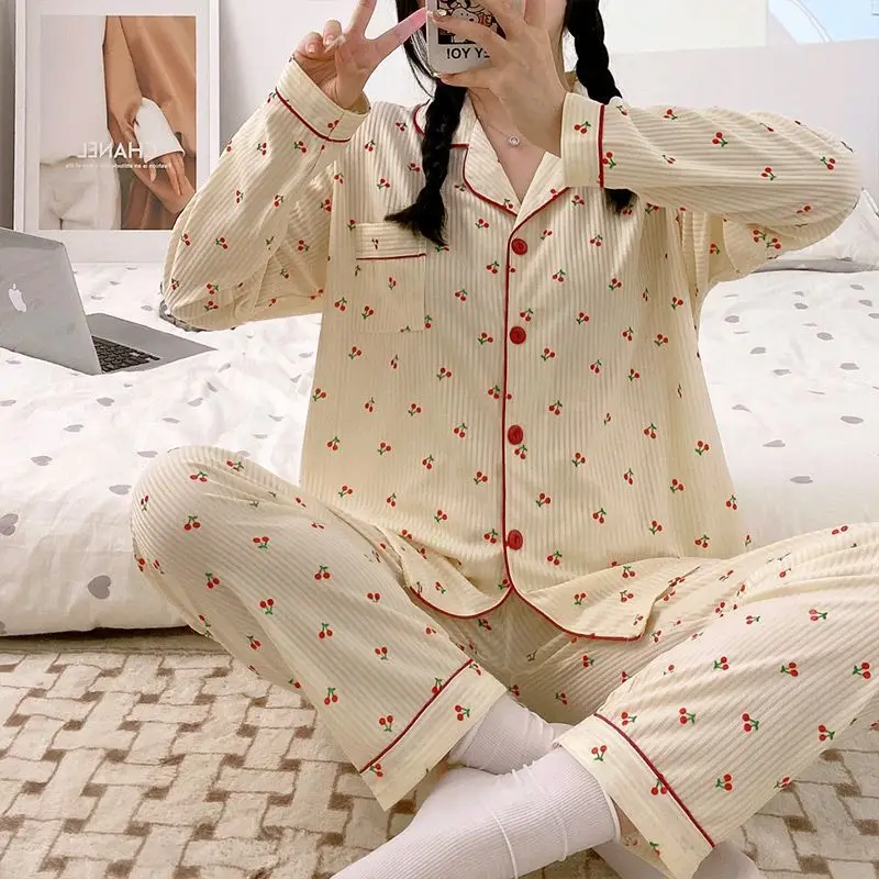 Yasuk Spring Autumn Fashion Women's Casual Soft Milk Silk Sleepwear Homewear Pajamas Set With Pants Dot Print Cherry Cute Girl