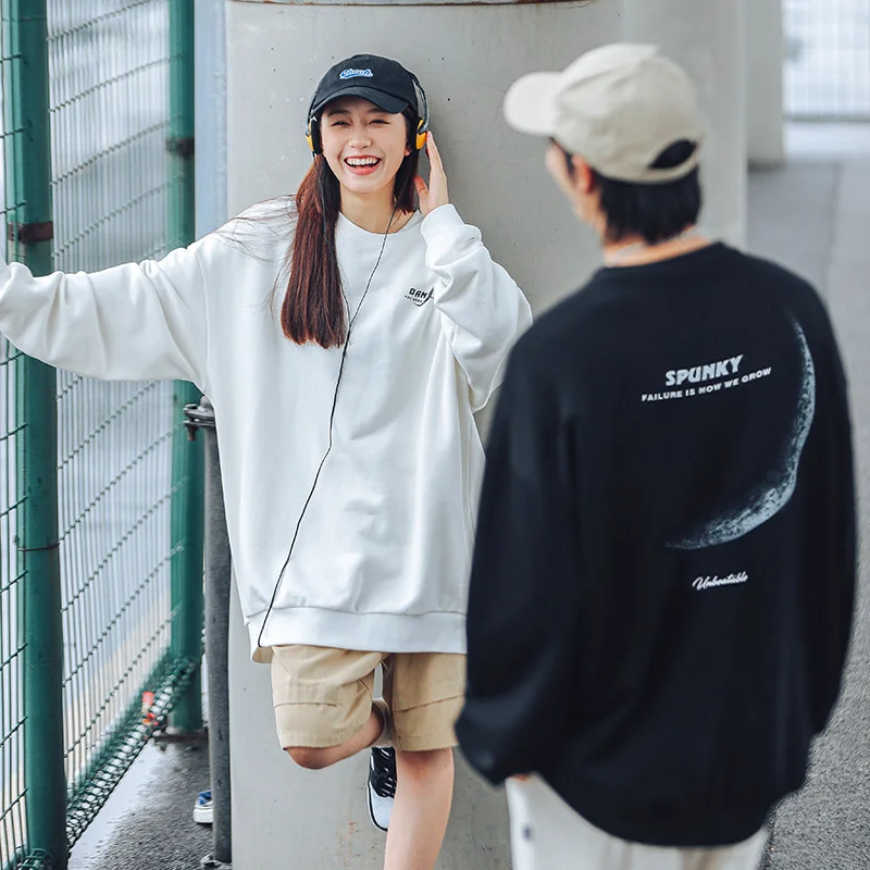 

Толстовка с круглым вырезом, Мужская Женская Осенняя тонкая дизайнерская парная Свободная куртка с принтом полумесяца, топ в гаванском стиле