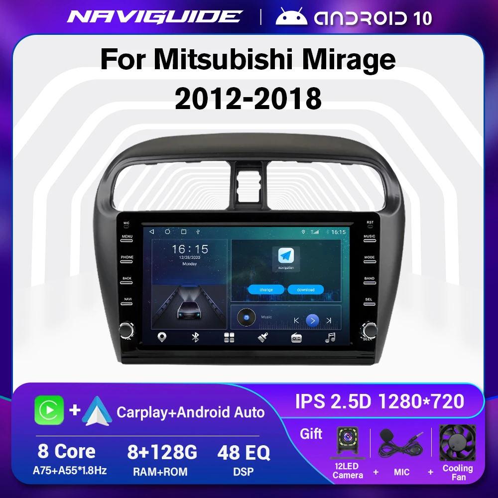 

Автомобильный радиоприемник для Mitsubishi Mirage 2012-2018, 8-ядерный процессор, Android 10, Carplay, автомобильное радио, GPS-навигация, 2din, автомобильный стерео, 8G + 128G DSP 4G WIFI