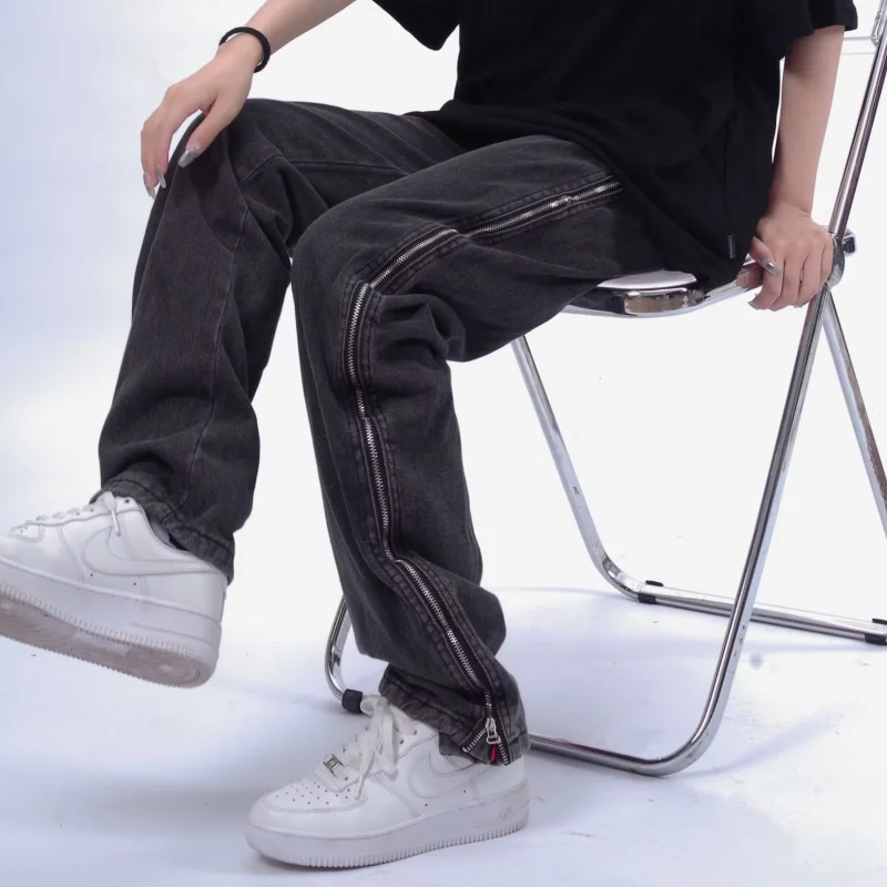 DEEPTOWN Vintage Patchwork Jeans for Men Black Straight Denim Pants Male Harajuku Fashion Trousers Double Zipper Streetwear 4XL