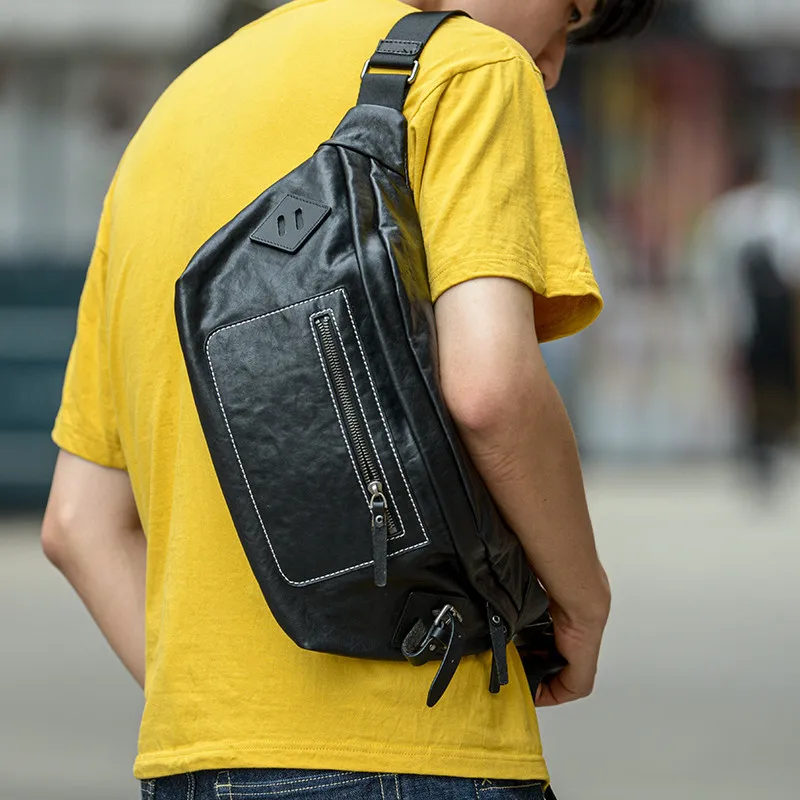 Casual genuine leather men's large-capacity chest bag outdoor real cowhide crossbody bags trend luxury black shoulder bag