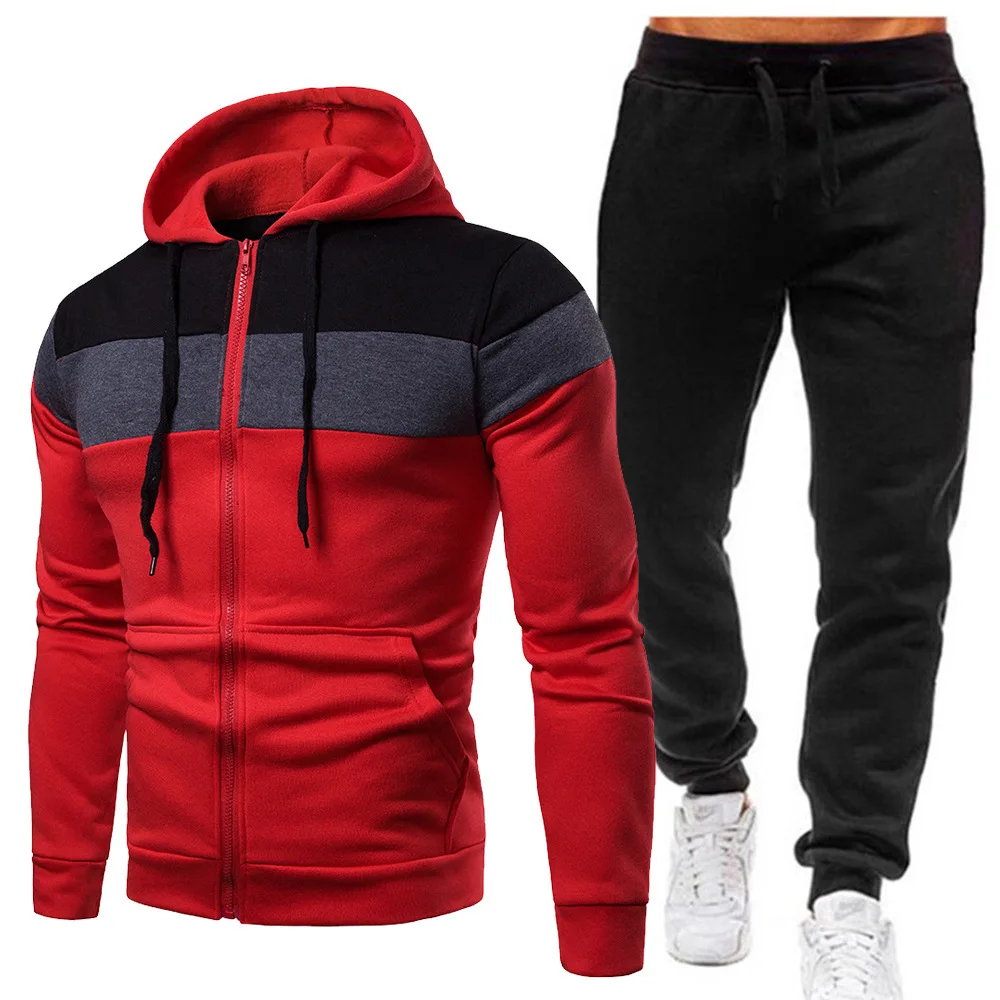 Autumn Winter Tracksuit Men Zipper Patchwork Hoodie Sweatshirt Sweatpant 2-piece Set Plush Leisure Sport Suit Outdoor Fashion