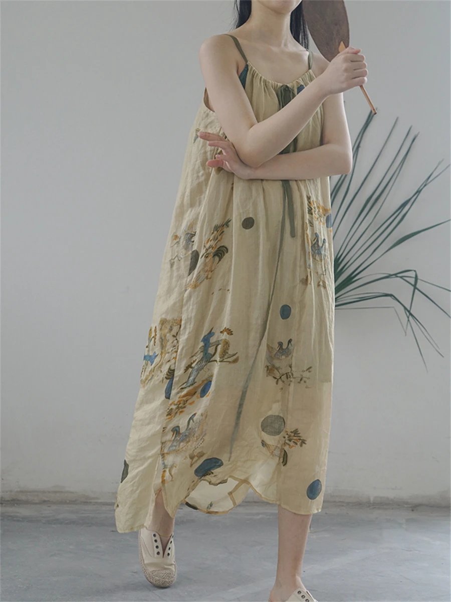 

Oriental Aesthetics Ramie Lace Up Two Wear Dress China-Chic Printed Double Layer Strap Long Dress Fake Two Pieces Female Summer