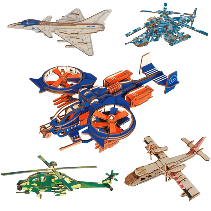 

3D Plane Model Wooden Puzzles F18 J15 Fighter Jigsaw Apache Airplane Handmade Wood Aircraft Kids Educational Toys For Children